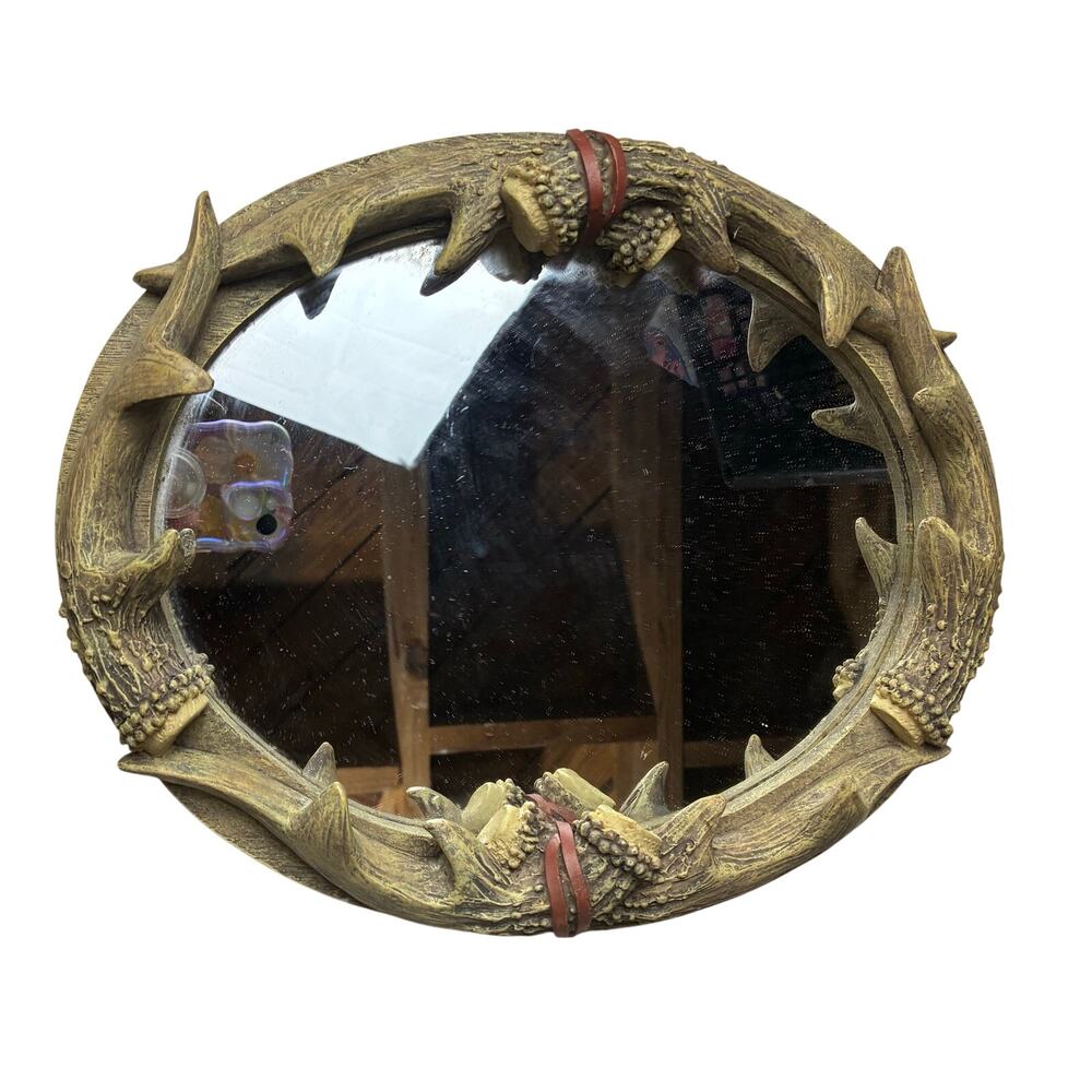 Deer Antler Wall Mount Oval Mirror & Candle/Display Holder Lodge Cabin Rustic
